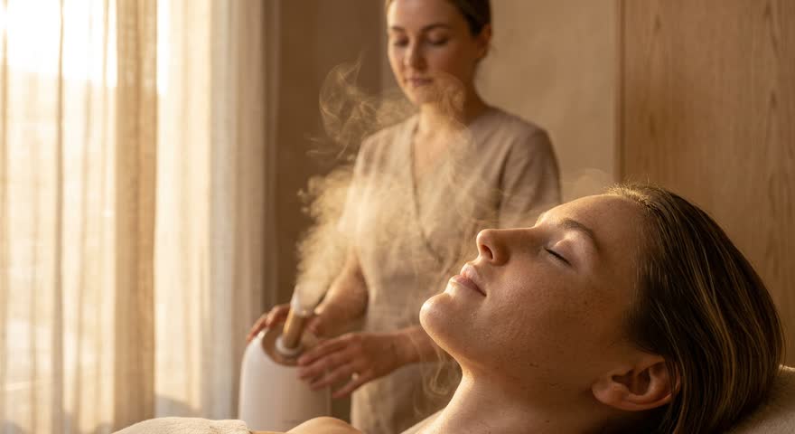 Vapor caliente sobre el rostro antes de la limpieza